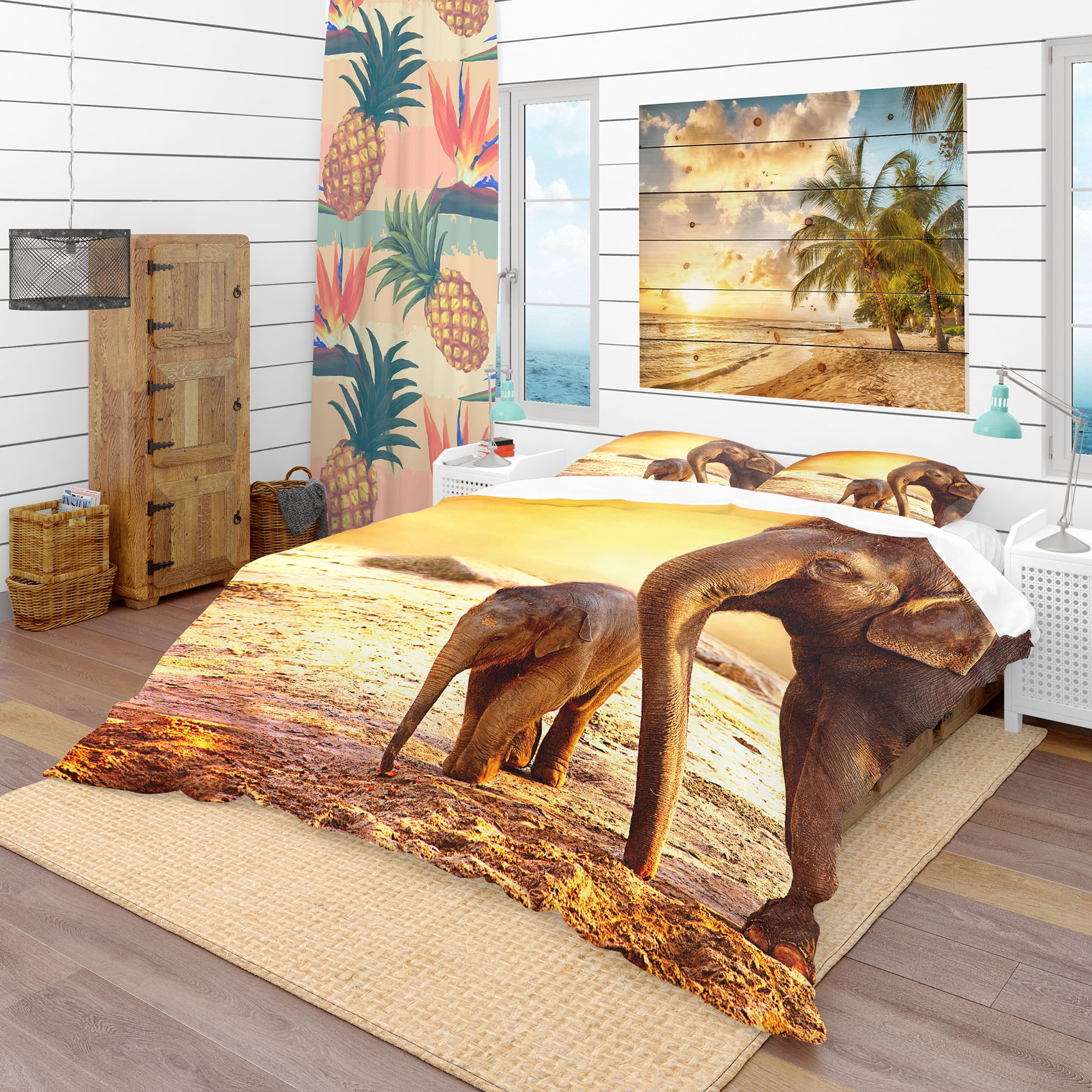 Designart 'Elephant Mother and Baby Outdoors' Tropical Duvet Cover Set