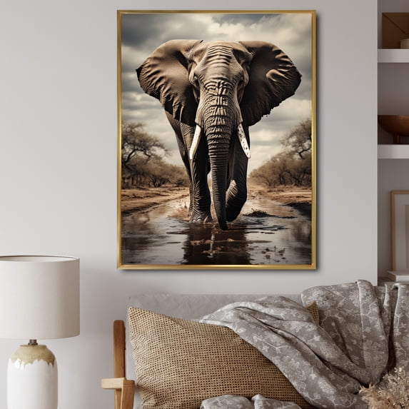 Designart "Elephant Portrait Monochrome I" Animals Floater Framed Wall Art Print