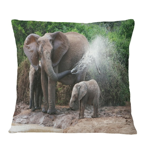 Designart Elephant Spraying Water - African Throw Pillow - 12x20