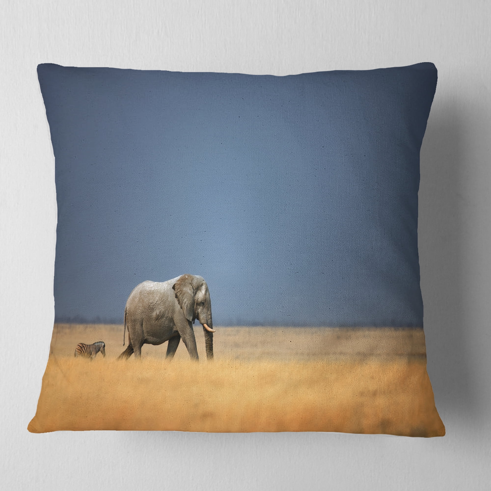 Designart Elephant and Zebra Walking in Bush - African Throw Pillow - 18x18