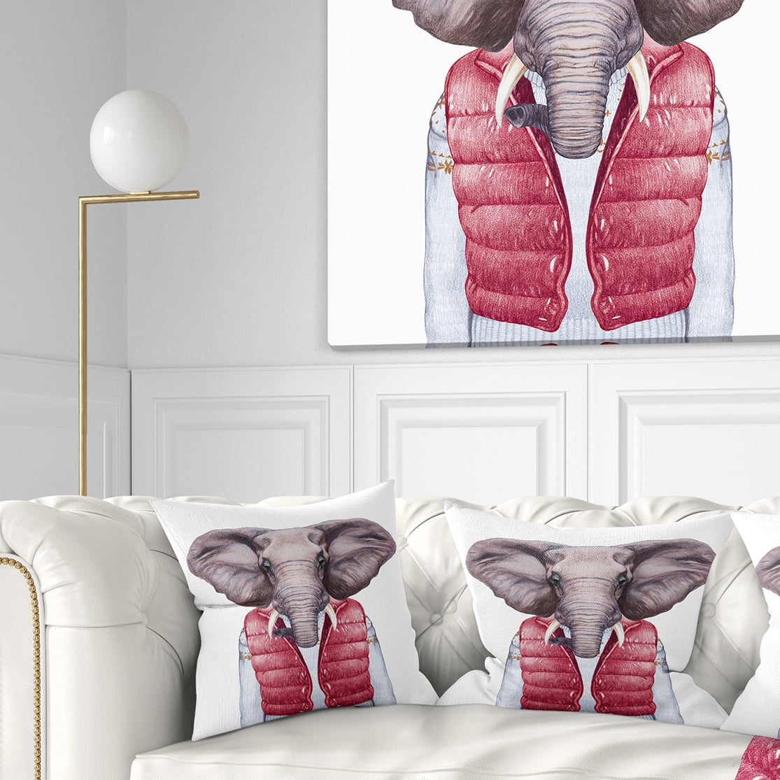 Designart Elephant in Vest and Sweater - Contemporary Animal Throw Pillow - 16x16