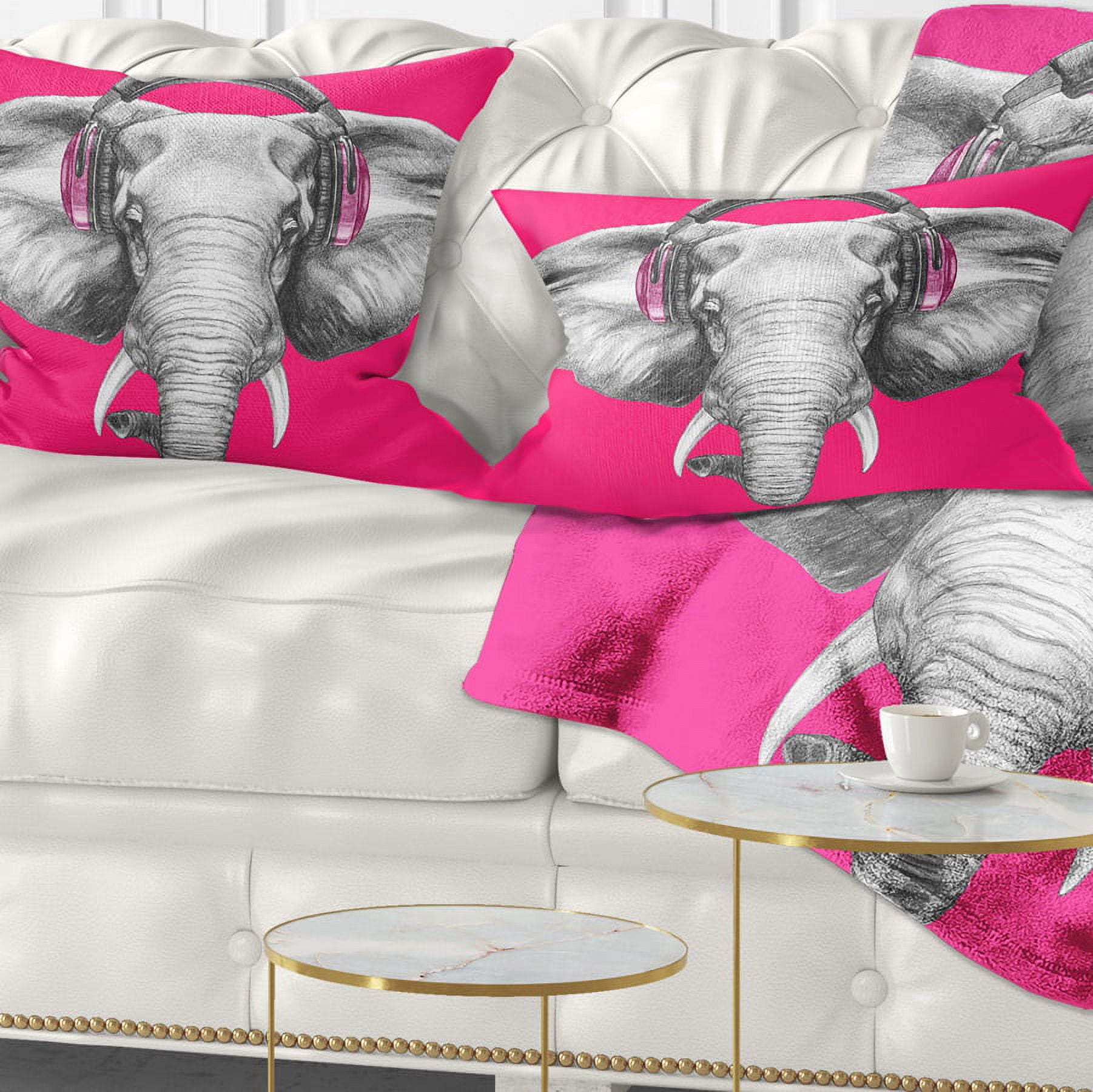 Designart Elephant with Headphones - Contemporary Animal Throw Pillow - 12x20