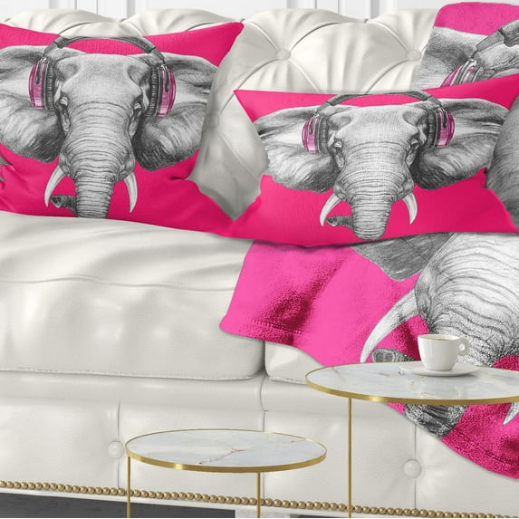Designart Elephant with Headphones - Contemporary Animal Throw Pillow - 12x20