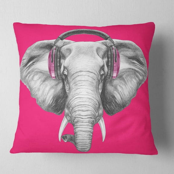 Designart Elephant with Headphones - Contemporary Animal Throw Pillow - 16x16