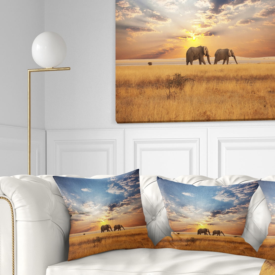 Designart Elephants Walking Along River Bank - Animal Throw Pillow - 16x16