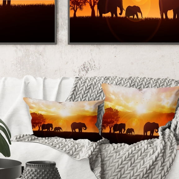 Designart Elephants Walking At Sunset - African Throw Pillow - 18x18