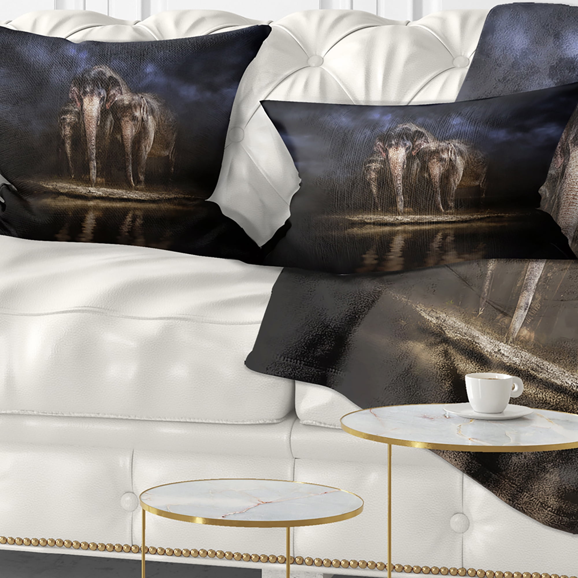 Designart Elephants Watering in the River - Animal Throw Pillow - 12x20