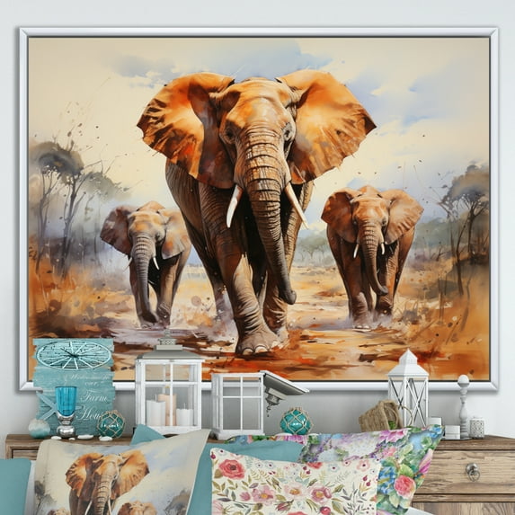Designart "Elephants in African Prairies III" Animals Floater Framed Canvas Art Print