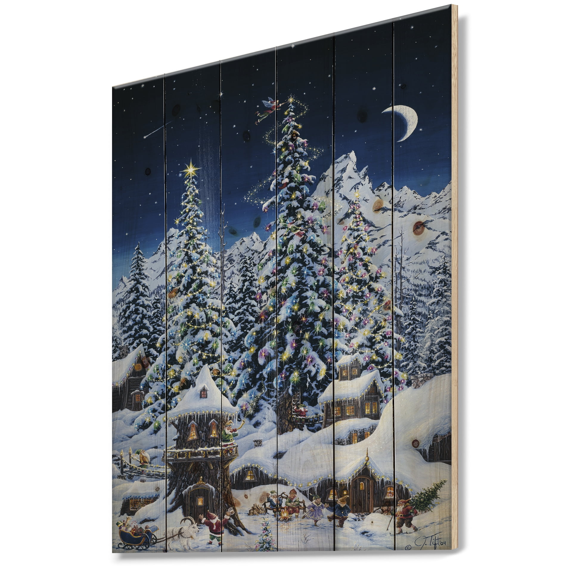 Designart 'Elf houses under large lighted Christmas trees' Print on Natural Pine Wood