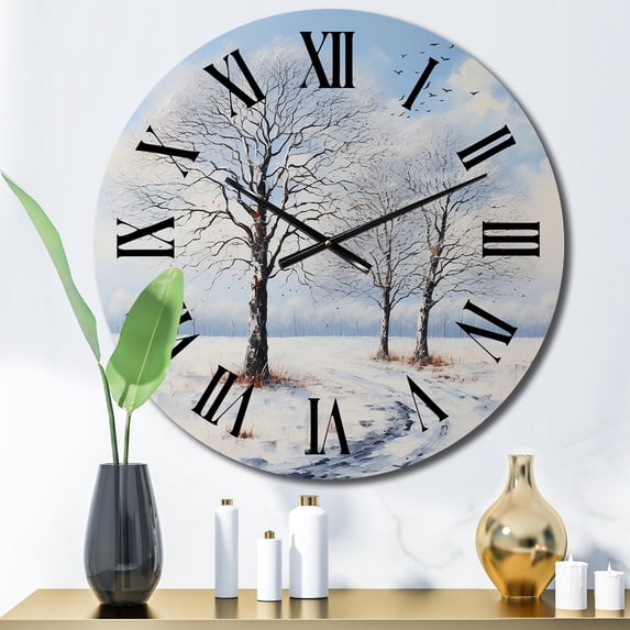 Designart "Embrace of Winter in the Forest Landscape I" Landscapes Oversized Wall Clock