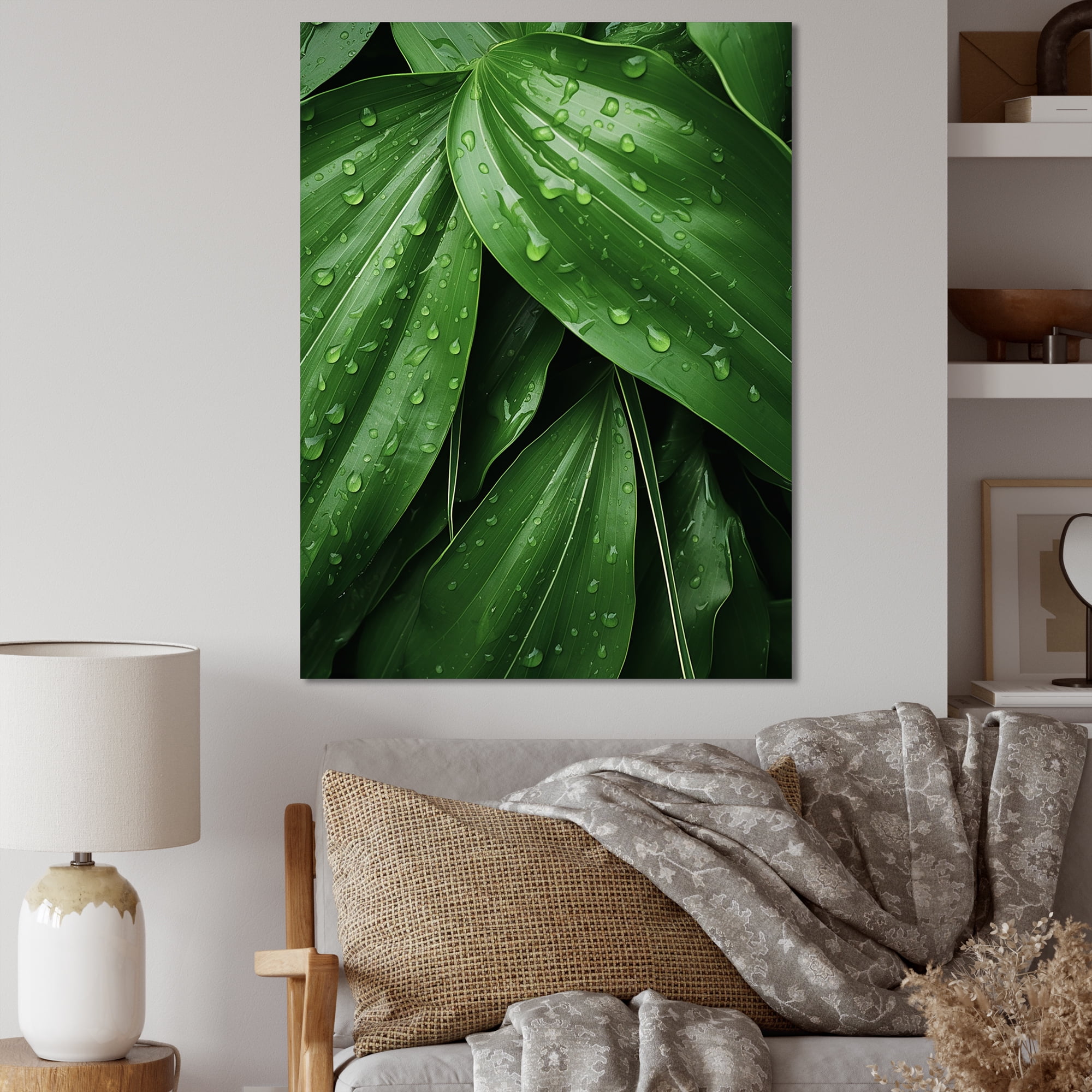 Emerald Green Palm Leaves Canvas Print with Pine Frame