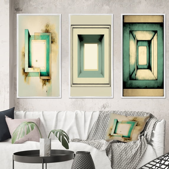 Designart "Embracing Imperfection - Retro Graphic Perfection II" Modern Geometric Framed Wall Art Set Of 3 - Beige Abstract Geometric Frame Canvas Set For Living Room Decor
