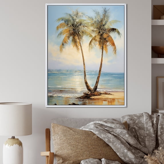 Designart "Embracing Sunny Palms On Bronze Beach" Palms & Palm Trees Floater Framed Wall Art Prints