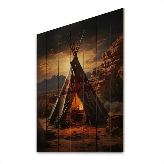 Designart "Embracing Tradition Orange Native Tipi Heritage I" Cityscapes Print on Natural Pine Wood