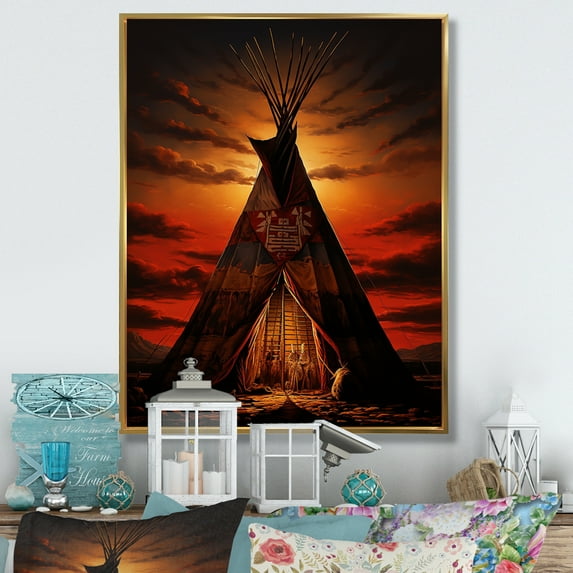 Designart "Embracing Tradition Orange Native Tipi Heritage III" Cityscapes Floater Framed Canvas Print