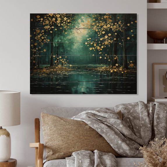 Designart "Emerald Canopy Bold Forest art painting III" Landscapes Print on Natural Pine Wood
