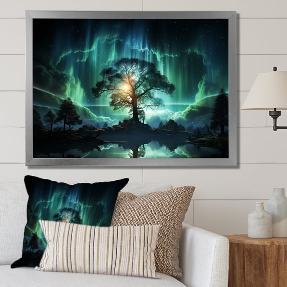 Designart "Emerald Glow Tree in Northern Lights I" Landscapes Framed Wall Art Decor - Country Green Tree Entryway Framed Wall Art