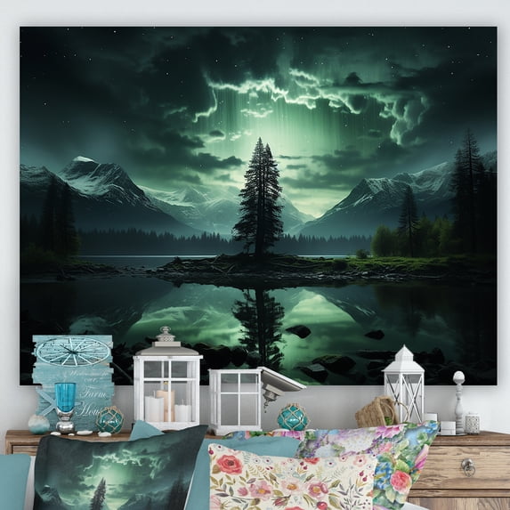 Designart "Emerald Glow Tree in Northern Lights II" Oversized Landscapes Wall Art - Country Green Tree Entryway Wall Art