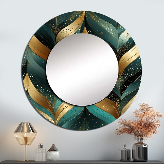 Designart "Emerald Gold Chevron Illusion" Abstract Round Mirror Wall Decor Glam - Large Gold Round Bathroom Mirror - Round Mirror - 29" x 29"