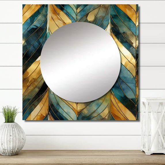 Designart "Emerald Gold Chevron Illusion I" 0 Square Mirror Wall Decor Glam - Large Gold Square Bathroom Mirror - Square Printed Wall Mirror Art
