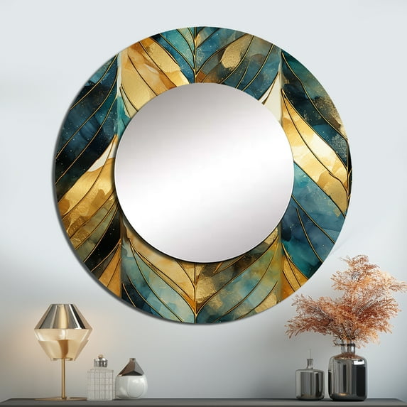 Designart "Emerald Gold Chevron Illusion I" Chevron Rund Mirror For Wall Decor - Large Gold Round Printed Mirror -Glam Round Living Room Mirror - 29" x 29"