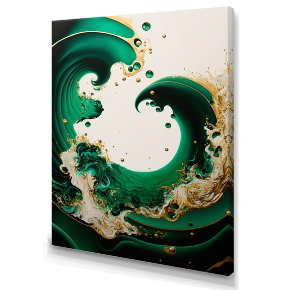 Designart Emerald Green And Gold Abstract Waves I Canvas Wall Art