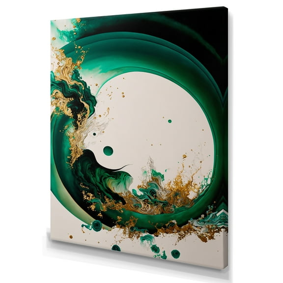 Designart Emerald Green And Gold Abstract Waves II Canvas Wall Art