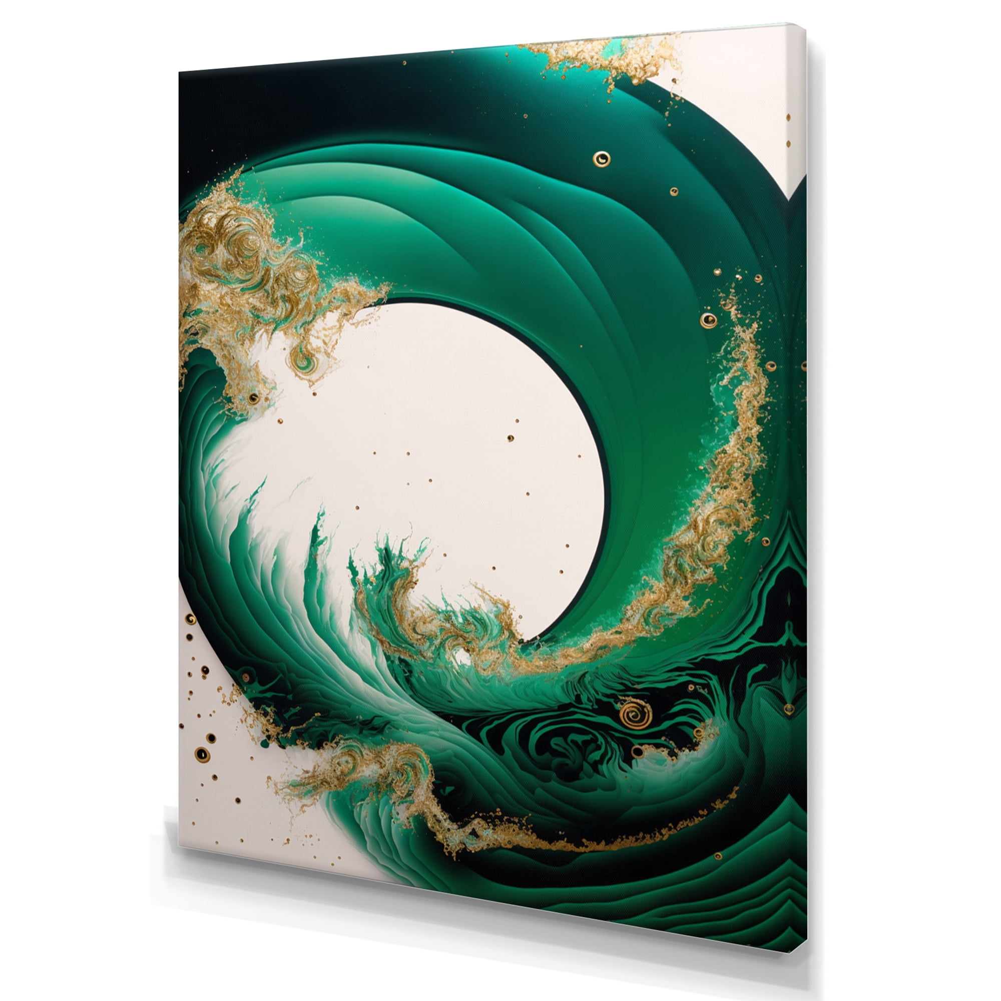 Designart Emerald Green And Gold Abstract Waves III Canvas Wall Art