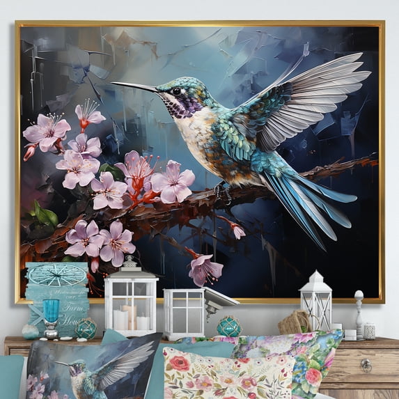Designart "Emerald Hummingbird Fluttering in Pink" Animals Framed Wall Art - Modern Farmhouse Pink Hummingbird Entryway Framed Wall Art Print