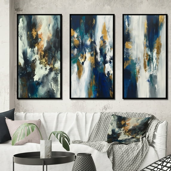 Designart "Emergence of the Radiant Muse III" Abstract Painting Framed Wall Art Set Of 3 - Gold Modern Frame Canvas Set For Living Room Decor