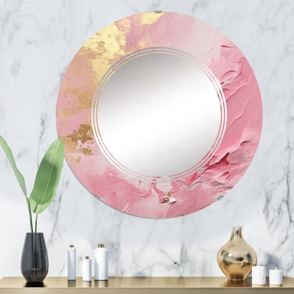 Designart "Emerging Energies in Pink and Gold III" Abstract Round Wall Mirror - Modern Oval Printed Decorative Oversized Mirror - Multiple Color Options