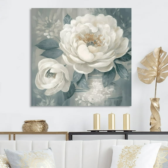 Designart "Emotions Of White Blue Peony Flower I" Floral Peony Wall Art Living Room
