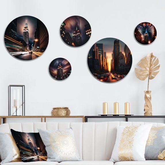 Designart "Empire State Building Tilt Shift In The Night Lights I" City New York Metal Wall Art Set of 5 Piece