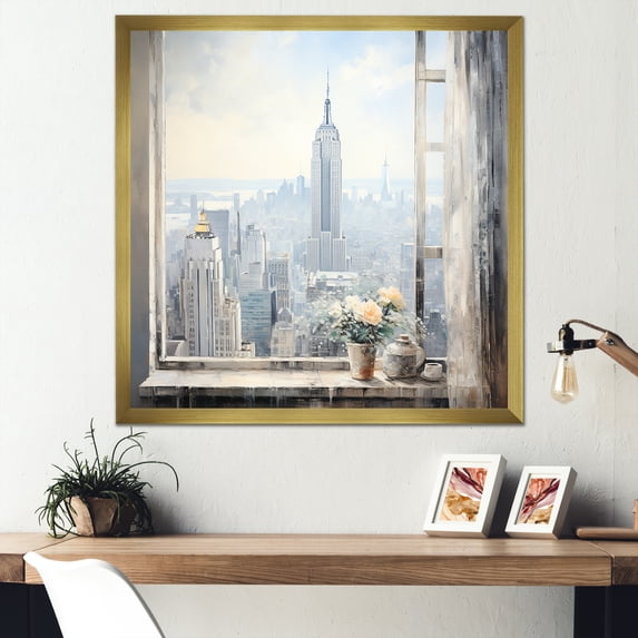 Designart "Empire State Views New York's Towering Presence I" Cityscapes Framed Wall Art Decor - Industrial Grey New York City Entryway Framed Wall Art