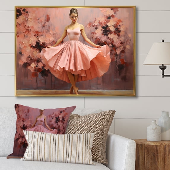 Designart "En Pointe Elegance Dance in Pink" Fashion Framed Wall Art - Glam Pink Ballet Living Room Framed Canvas Art