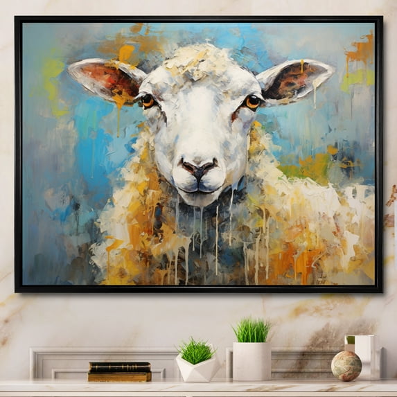 Designart "Encaustic Sheep Blue and Beige" Animals Floater Framed Canvas Wall Art