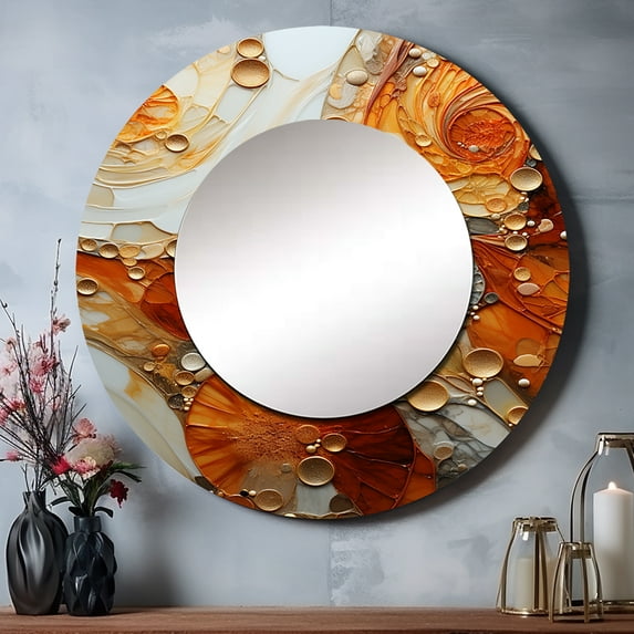 Designart "Encaustic VORTEXs I" Abstract Rund Mirror For Wall Decor - Large Orange Round Printed Mirror -Modern Round Living Room Mirror - 23" x 23"