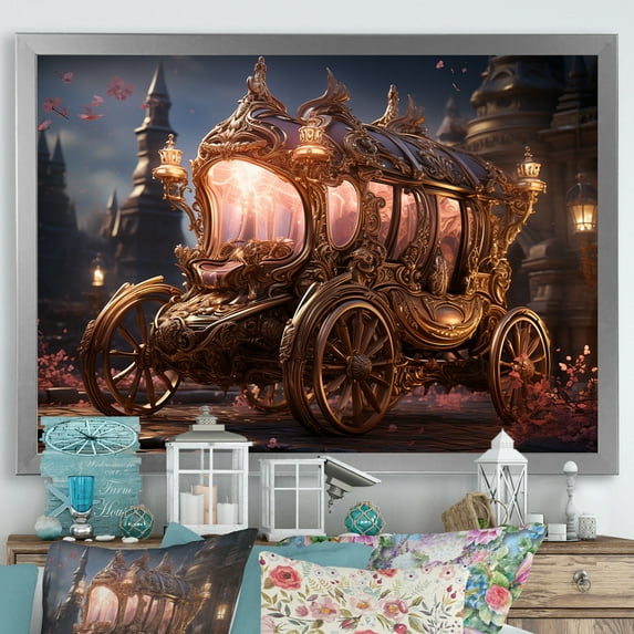 Designart "Enchanted Carriage Fit for a Princess II" Transportation Framed Wall Art Decor - Modern Pink Old American Cart Bedroom Framed Canvas Wall Art