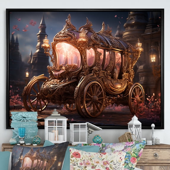 Designart "Enchanted Carriage Fit for a Princess II" Transportation Framed Wall Art - Modern Pink Old American Cart Hallway Framed Wall Art Decor