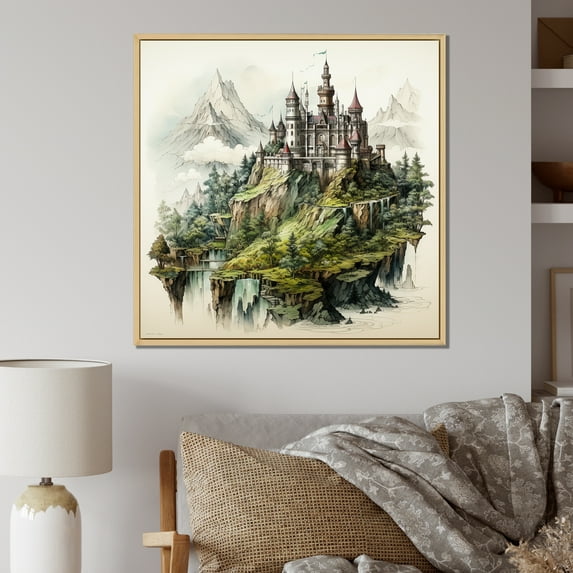 Designart "Enchanted Castle Sketch II" Castles Floater Framed Wall Art Prints