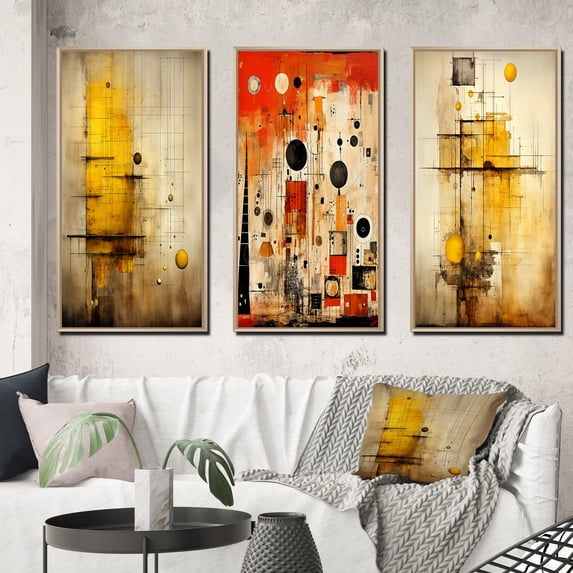 Designart "Enchanted Destruction Vintage Scene II" Modern Geometric Framed Wall Art Set Of 3 - Gold Abstract Geometric Frame Canvas Set For Living Room Decor