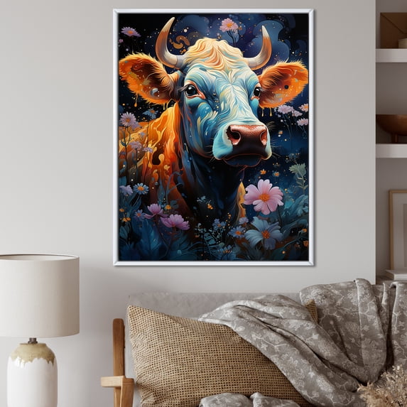 Designart "Enchanted Fantasy Cow In Otherworldly Lands" Animals Cow Floater Framed Canvas Prints