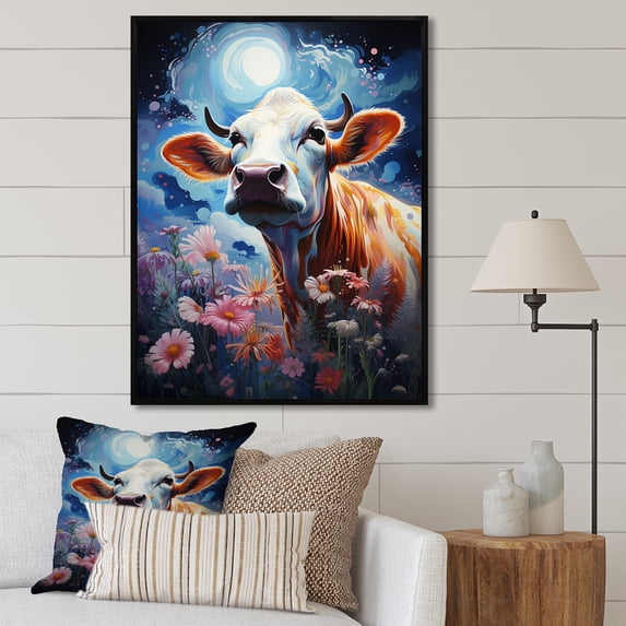 Designart "Enchanted Fantasy Cow In Otherworldly Lands I" Animals Cow Floater Framed Wall Decor