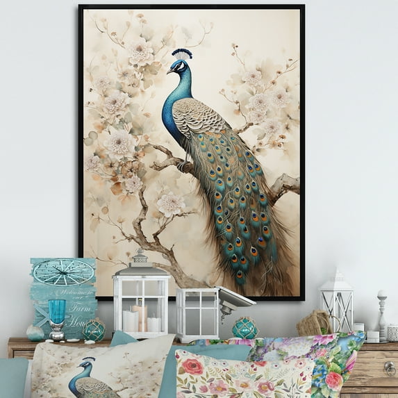Designart "Enchanted Flowers With Vintage Fantasy Peacock II" Animals Peacock Floater Framed Canvas Prints