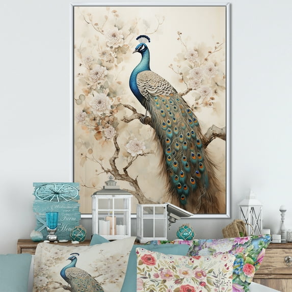 Designart "Enchanted Flowers With Vintage Fantasy Peacock II" Animals Peacock Floater Framed Canvas Prints