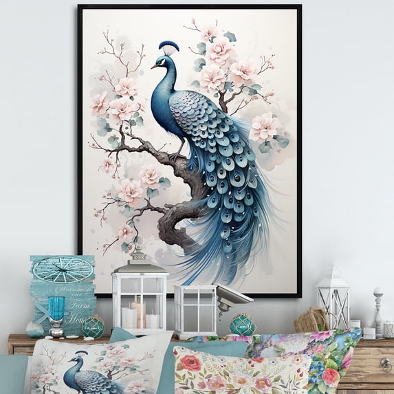 Designart "Enchanted Flowers With Vintage Fantasy Peacock VI" Animals Peacock Floater Framed Wall Art Living Room