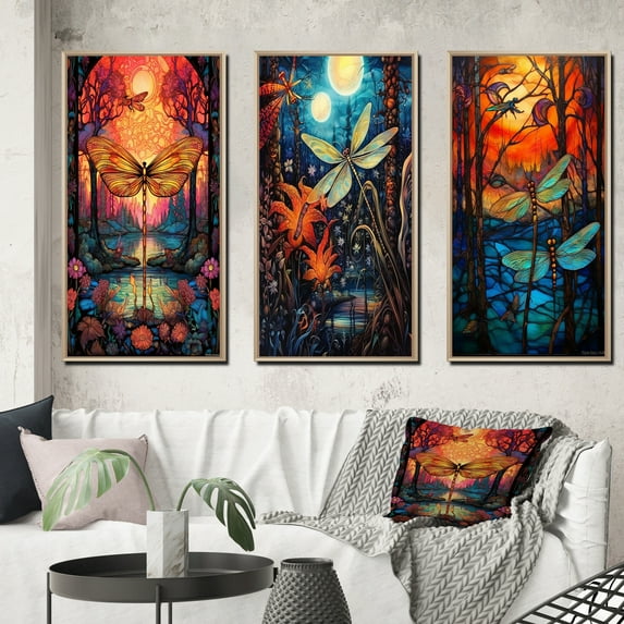Designart "Enchanted Forest Majestic Dragonfly II" Animals Dragonfly Framed Wall Art Set Of 3 - Blue Dragonfly Frame Gallery Wall Set For Home Decor