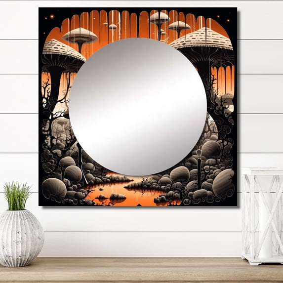 Designart "Enchanted Fungi Enchanted Forest Drawing" Mushroom Black Large Square Mirror - Square Bedroom Mirror Printed Wall Decor - Traditional Square Printed Wall Mirror Art