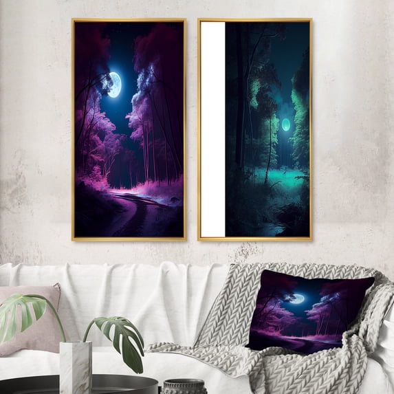 Designart "Enchanted Midnight Full Moon's Grace in the Forest VI" Forest Framed Wall Art Set Of 2 - Traditional Blue Framed Wall Art Set Of 2