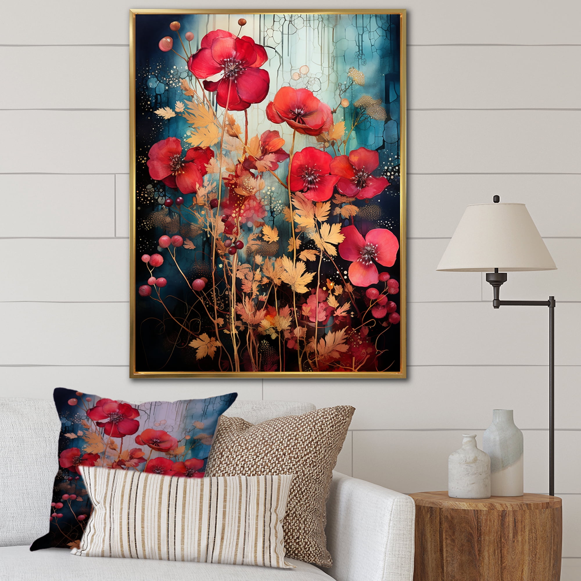 Designart "Enchanted Red Floral Garden" Abstract Framed Wall Art ...